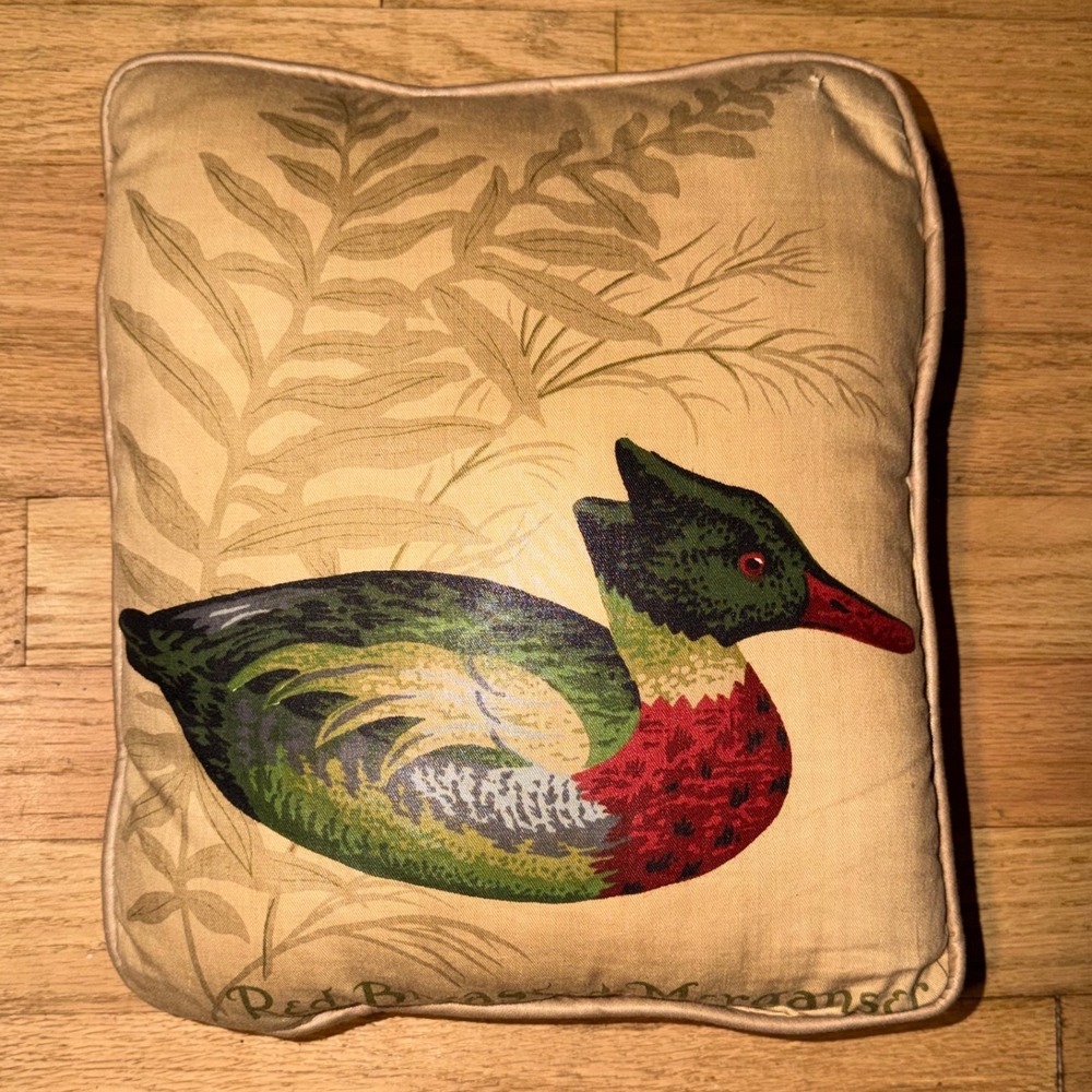 Red Breasted Merganser Duck Botanical Fern Decorative Throw Pillow Tan Lodge